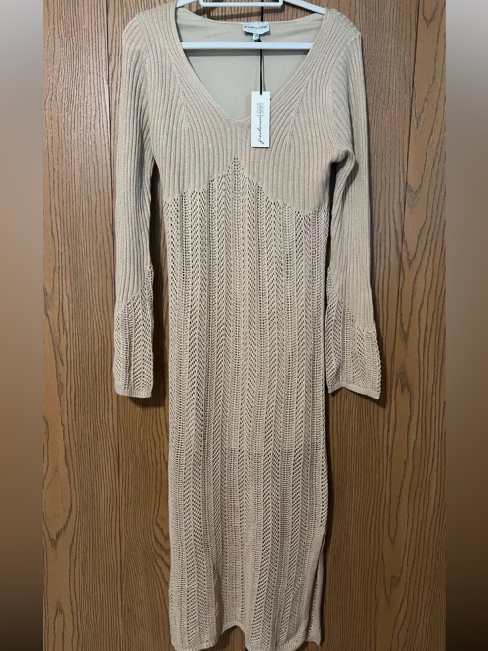 Light Beige Knit Long-Sleeve V-Neck Dress Beach Crochet